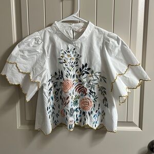White Embroidered Button Back 100% Cotton Cropped Top
